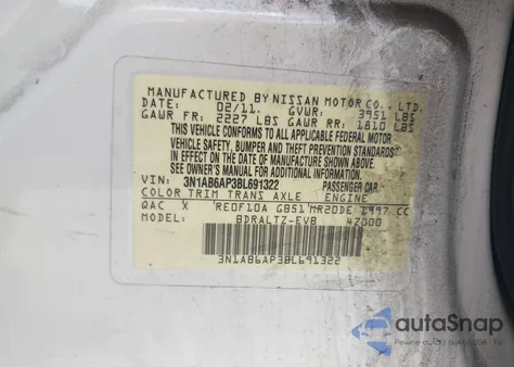 2011 Nissan Sentra from USA, damaged, VIN 3N1AB6AT3BL691322
